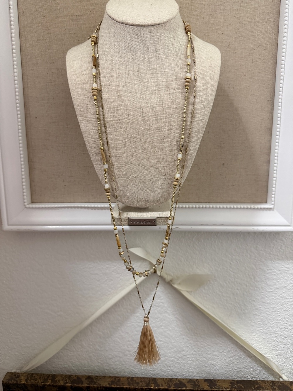 Stella & Dot Antonia Neutral Beaded Layered Necklace with Tassel